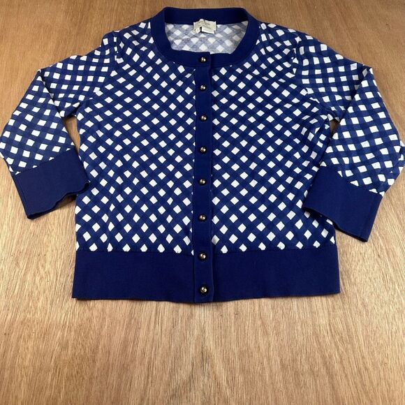 Kate Spade Fall Cardigan S Blue White Diamond Knit 100% Cotton Sweater - Picture 1 of 6
